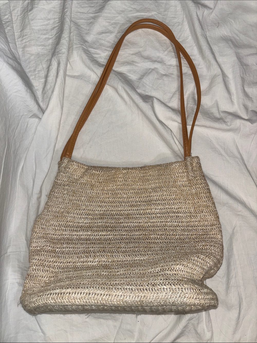 Neutral Woven bucket Bag with Tan Straps